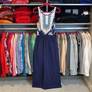 Sherosa navy/yellow/white print sleeveless elastic waistband maxi dress size M